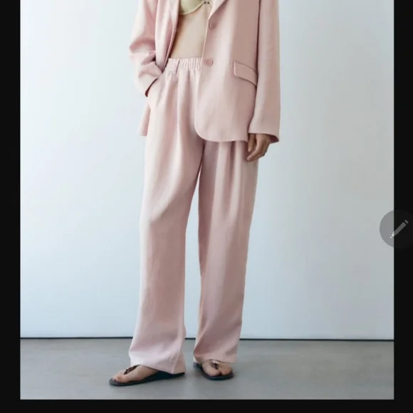 Linen blend suit blazer and pleated pants pink Zara size XS - Picture 2 of 7